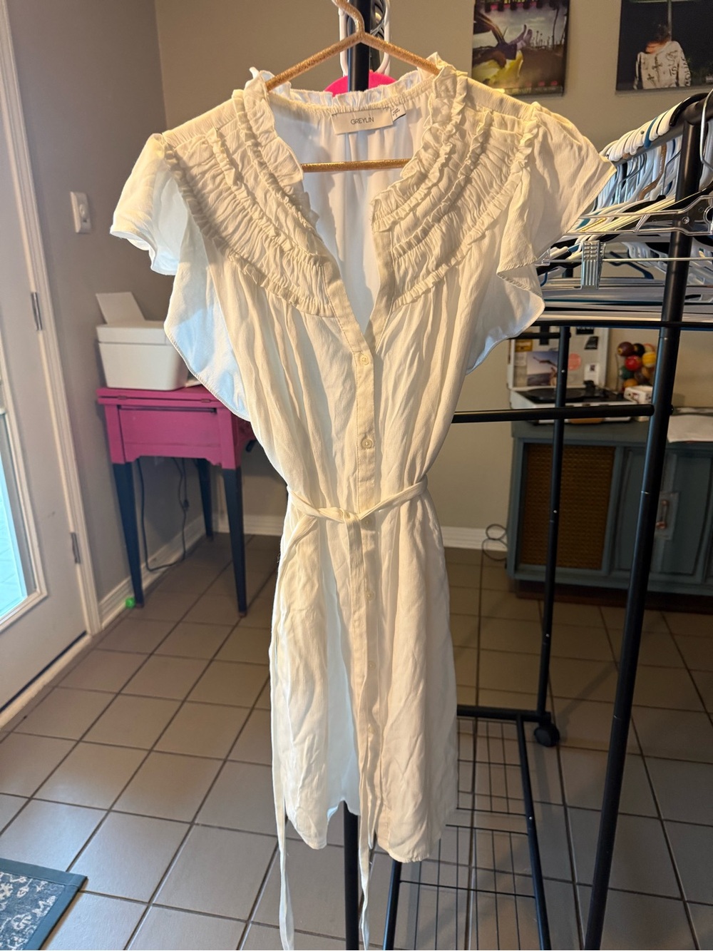 Greylin White Ruffled V-Neck Button-Front Mini Dress with Waist Tie